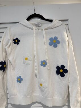 J. Society White Floral Hoodie Sweater with Blue & Navy Appliqués